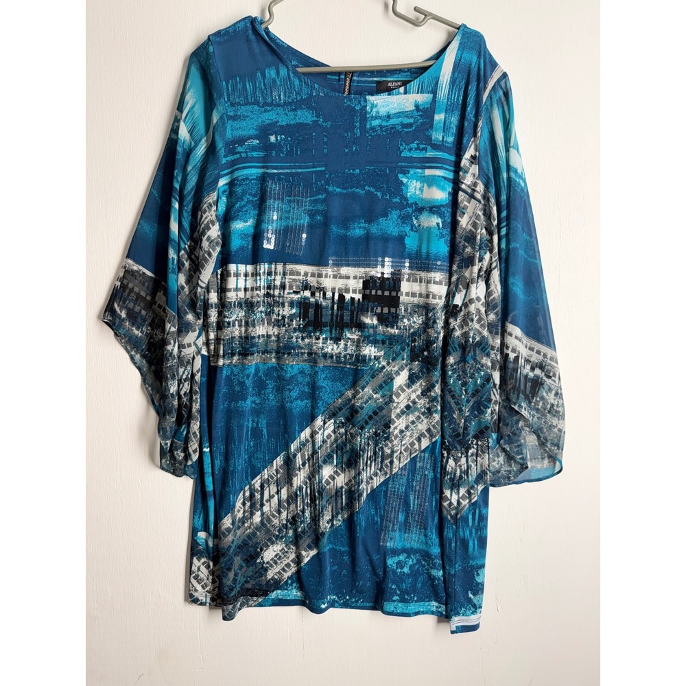 Alfani Woman Blue Abstract Sequin Cityscape Tunic Top Sheer Bell Sleeve 1X